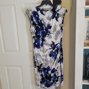 Lauren Ralph Lauren Sz12 White,Blue Floral Midi Dress 1 side gather Vneck